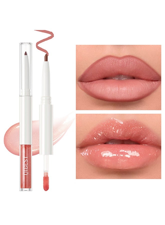 QiBest Double-head Mirror Surface Lip Gloss Two-in-One Lip Liner Lip Gloss Water-Resistant Plump Lips Natural Color Lip Liner Pen #01 - Image 1